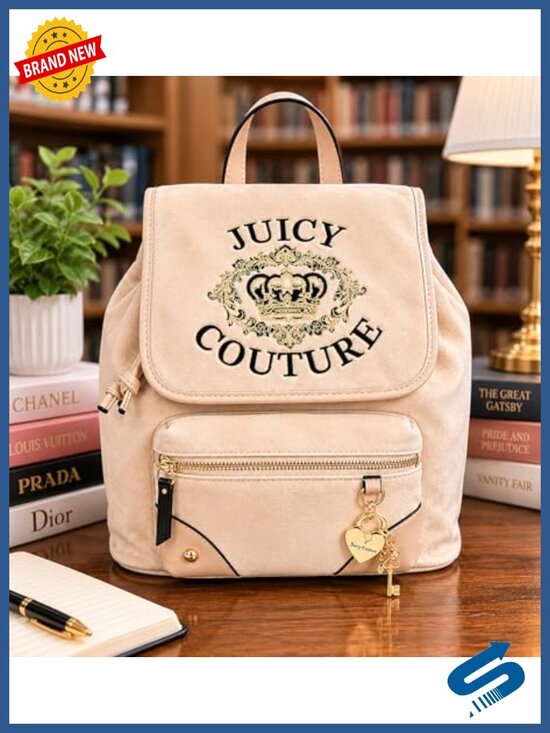 Drawstring Flap Closure Velour Mini Backpack with Heart Charm & Adjustable main image 6